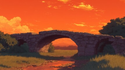 Picturesque Stone Bridge Amidst a Vibrant Sunset Landscape Serene Nature Scene and Tranquil Setting