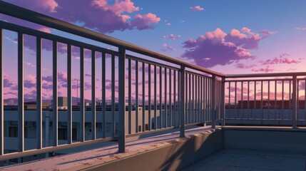 Rooftop Vista Balcony Serenity at Twilight Hour Anime Style Background with Clouds and Buildings