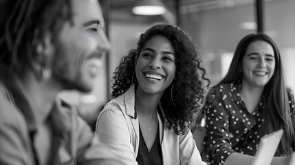 Black and white image of three smiling individuals in a meeting or collaborative work environment
