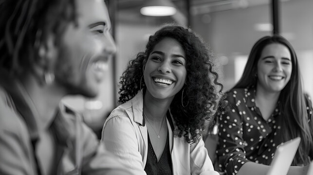 Black and white image of three smiling individuals in a meeting or collaborative work environment