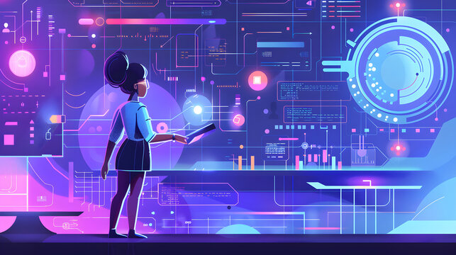 Woman presenting data on a futuristic interface with glowing lights and lines - Powered by Adobe