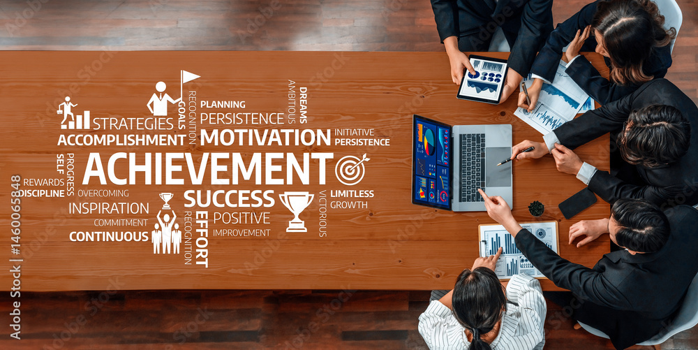 Poster this image captures a diverse team engaged in a business meeting, discussing strategies for achievem