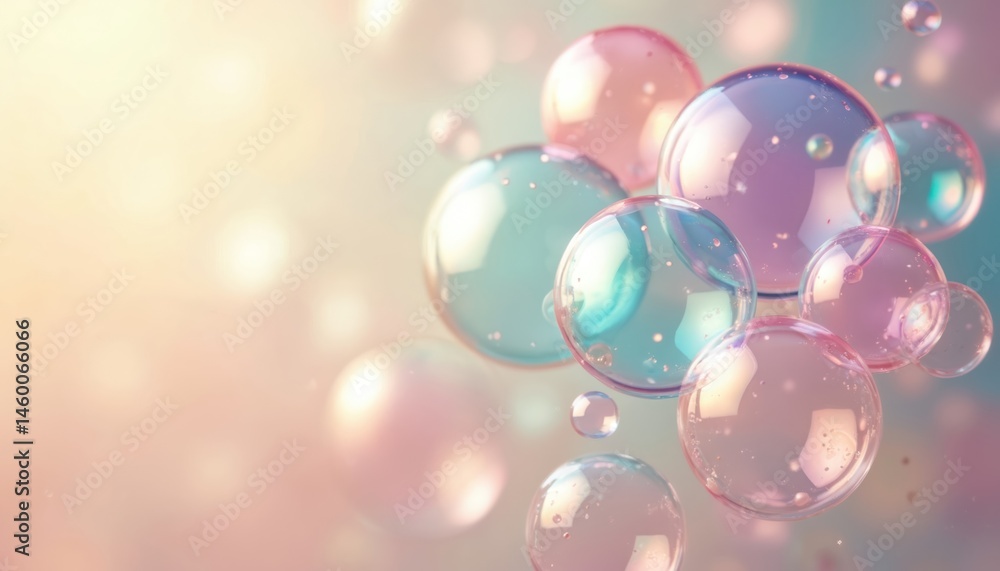 Poster colorful soap bubbles with soft reflections floating against blurred pastel background. dreamy illus