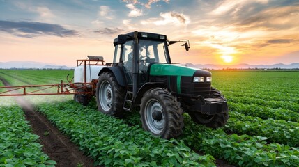 Fototapeta premium Farmer spraying pesticides with tractor in soybean field at sunset