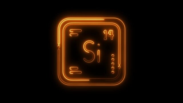 Glowing neon periodic table element silicon symbol animation on black background