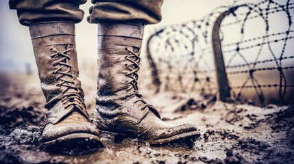Muddy military boots in a war zone.
