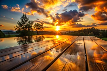 Obraz premium Warm Sunset Reflection on Wooden Tabletop