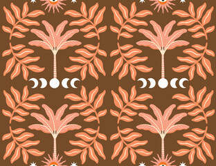 Bohemian palm, sun, moon, plant seamless pattern. Boho wallpaper.