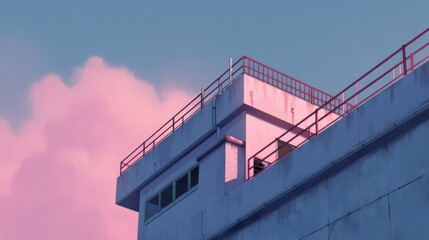 Elevated Urban Structure with Pink Clouds Backdrop Featuring Architectural Design Elements