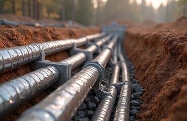 Shiny thermal insulation pipes in trench. Heating system pipeline infrastructure, high tech energy, underground heat supply. Modern industry, city construction, building. Energy saving. Focus on