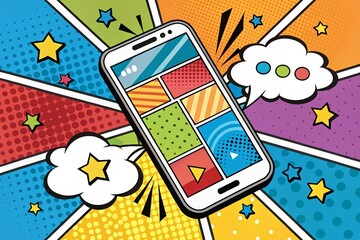 Pop art smartphone logo colorful background in pop art retro comic style - generated by ai