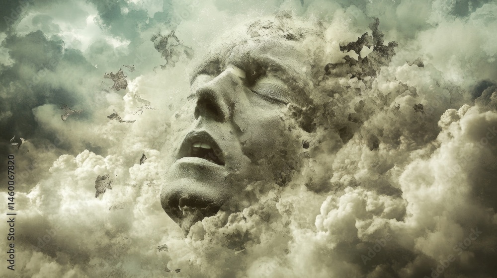 Poster sculpted face submerged in clouds for surreal conceptual dreamscape artistic visual identity transfo