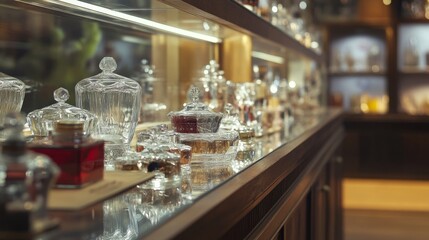 Glass jar display in vintage store setting with lighting reflections for retail antique interior decor concept