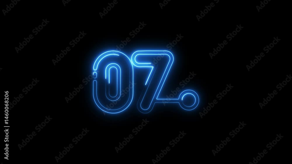 Poster glowing number seven neon light animation with black background for countdown and design