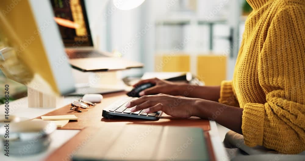 Leinwandbilder design, hands and typing with creative person closeup in office for administration or business. comp