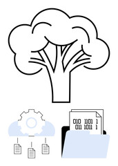 Tree symbol above digital folder containing binary data. Gear with cloud and documents signify data storage, analysis, and connection. Ideal for tech, cloud, storage, analytics, organization
