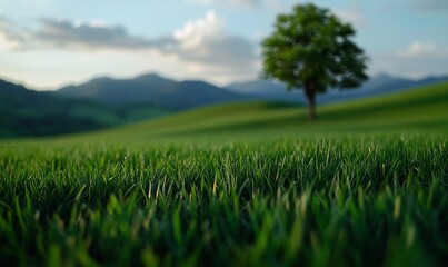 Idyllic green landscape featuring a solitary tree and distant mountains
