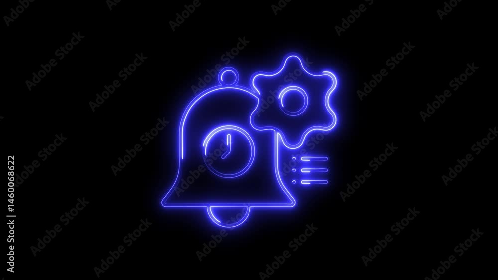 Poster neon notification bell with clock and cog icon on black background animation