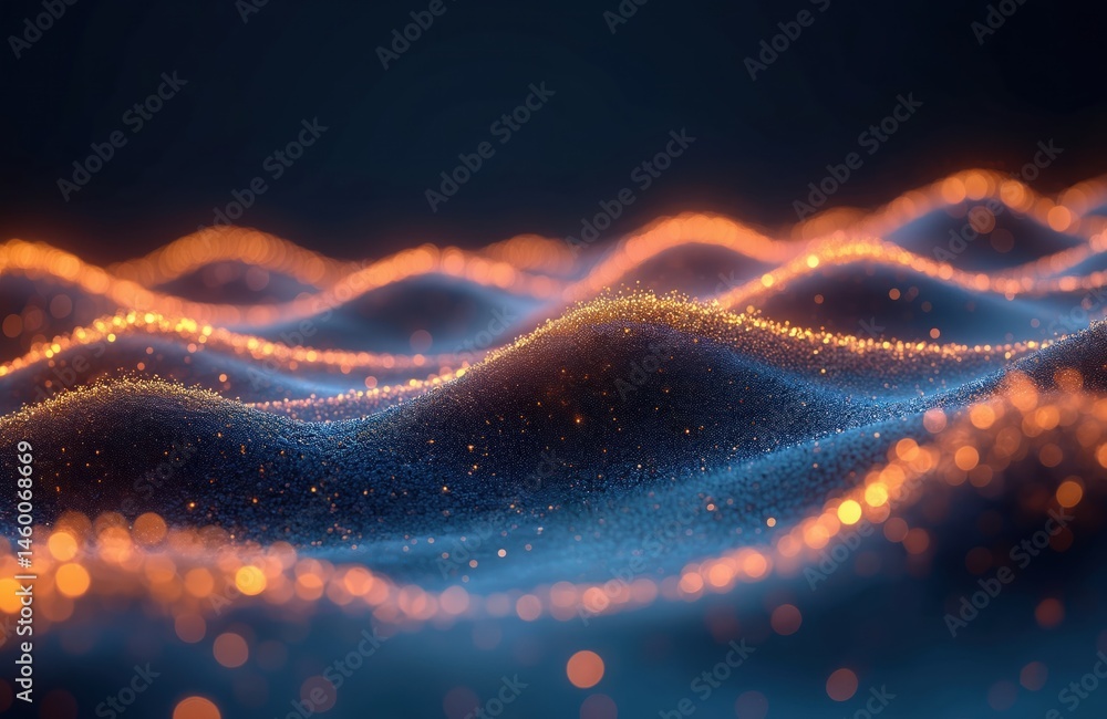 Aufkleber Abstract digital wave landscape with glowing particles. Futuristic tech design with dark background. Dynamic curves with lights, motion and flow. Modern digital art for tech, science projects.