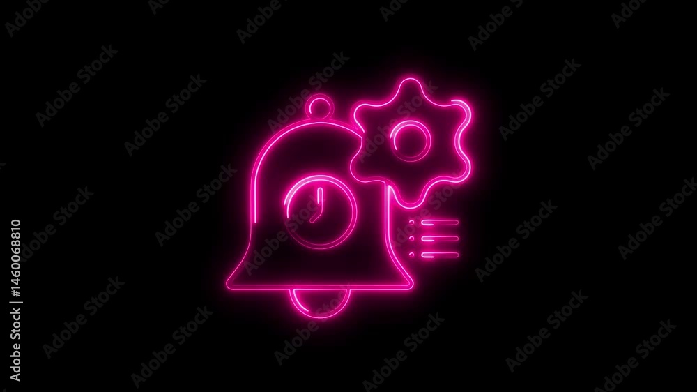 Poster neon animation of notification bell clock and settings symbol on black background