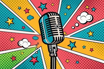 Pop art Microphone podcast logo colorful background in pop art retro comic style - generated by ai