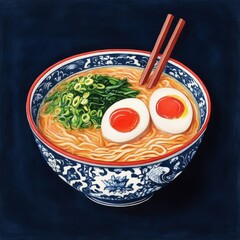 Ramen Bowl Illustration Noodles, Eggs and Chopsticks on Dark Blue Backdrop,Japanese food ,Asian Cuisine