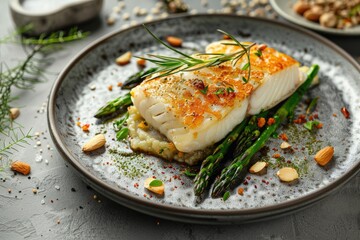 Dijon and almond encrusted cod fillet served in plate with steamed asparagus, a flaky and nutritious white fish dish cooked with garlic, lemon, and olive oil for light dining