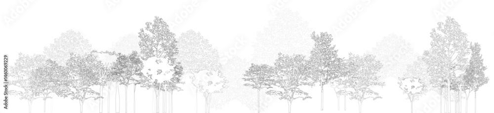 Poster architectural drawings, minimal style cad tree line drawing, side view, set of section wetland fores