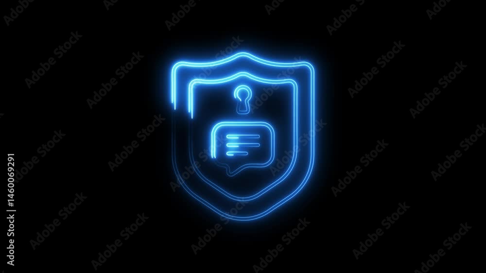 Poster encrypted messaging system on shield with keyhole neon glow cyber security illustration