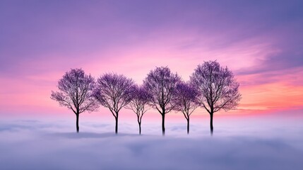 Serene Sunset Over Foggy Field - Five silhouetted trees stand in a misty field at sunset, creating a peaceful and tranquil scene. The sky is a blend of soft pinks and purples