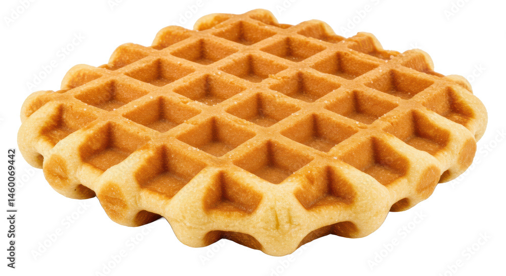 Poster a single golden brown waffle with a square pattern isolated on a white background close up view food