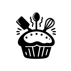 Baking Icon: Stylized Cupcake with Tools, Black & White, Minimalist Design