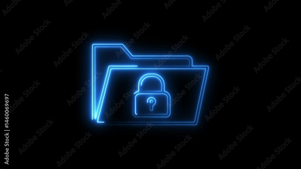 Poster glowing blue folder and padlock icon animation secure data and privacy concept