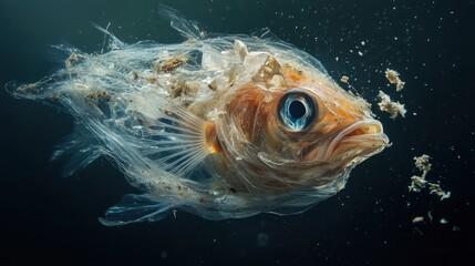 Fototapeta premium An ultra-detailed, high-resolution underwater photograph capturing a fish entangled in plastic waste