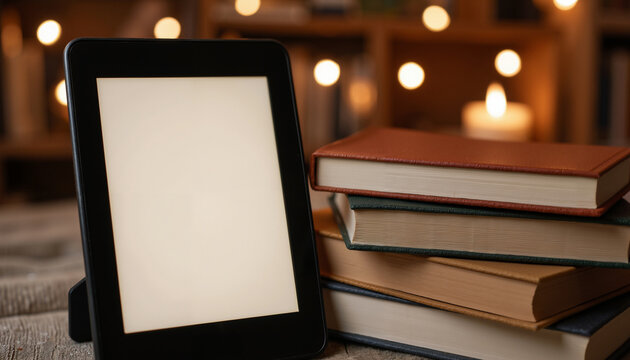 Cozy reading nook with e-book reader and stacked books on wooden table surrounded by warm bokeh lighting