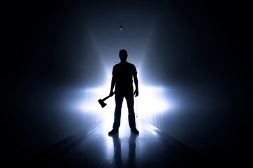 Silhouette of Man with Axe in Dark Corridor - A mysterious silhouette of a man holding an axe stands in a dimly lit corridor, creating a suspenseful and ominous atmosphere