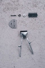retro hair clipper in pieces. classic hairdressing tools. traditional hairdressing art