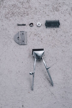 retro hair clipper in pieces. classic hairdressing tools. traditional hairdressing art