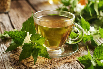 Fresh white dead-nettle blossoms and leaves with a cup of herbal tea