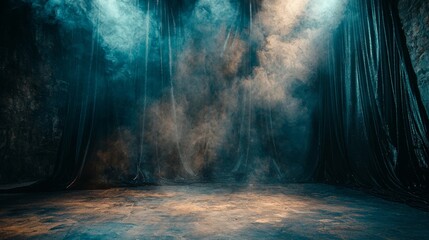 Obraz premium Fog on stage with curtain backdrop for theatrical drama mysterious lighting cinematic production mood artistic