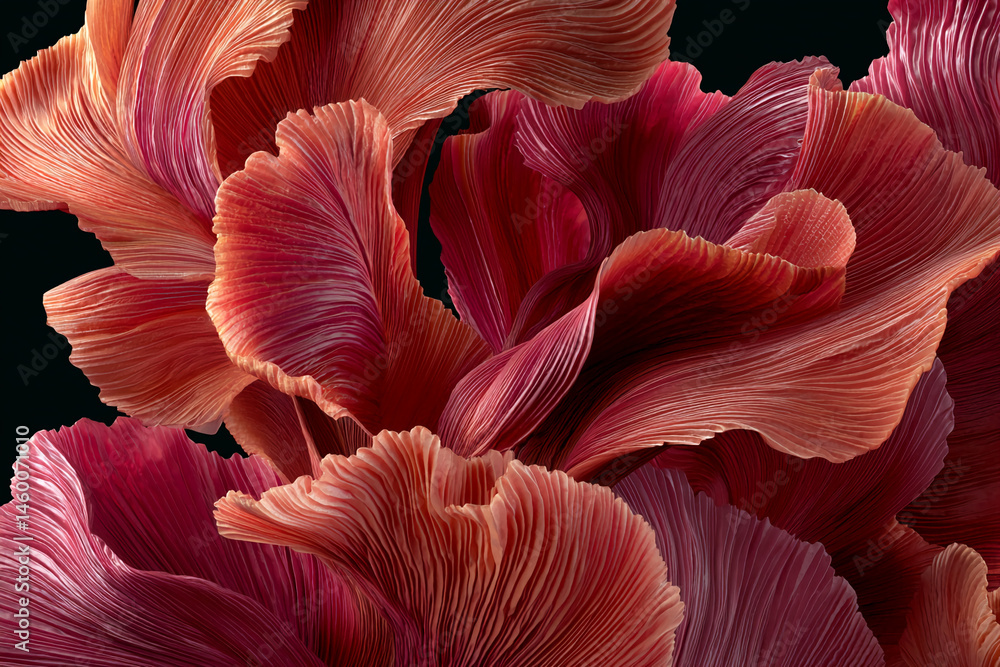 Poster Close-up of pleated fabric texture in red and orange hues creating a flowing, wave-like pattern symbolizing elegance, movement and artistry
