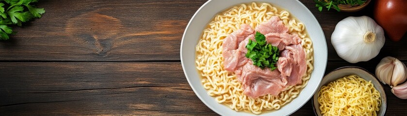 Ramen Bowl with Pork and Parsley on Wood, Top View, noodles , pork