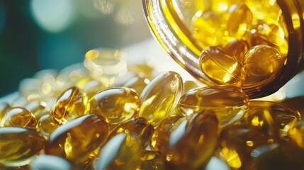 Golden fish oil capsules closeup for supplement health nutrition background pharmaceutical medicine omega vitamins macro