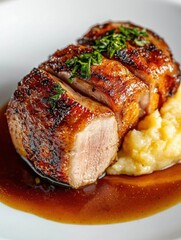 Plate of food, specifically a piece of pork tenderloin. the pork is cooked to a golden brown color and has a crispy texture on the outside.