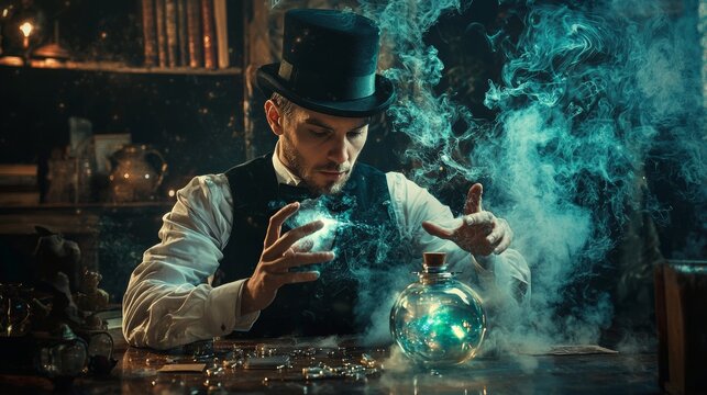 Magician performing smoke trick in vintage bar for fantasy illusion magic performance atmosphere mysterious light scene