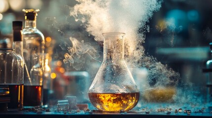 Alchemy lab with smoking beaker for science potion mysterious fantasy experiment steampunk chemical setup glassware