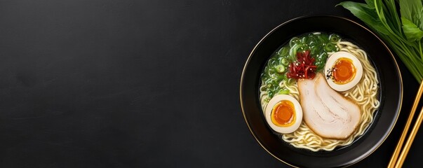 Ramen Noodles Soup with Pork and Egg in Black Bowl on Dark Background, Japanese Cuisine , Food photography