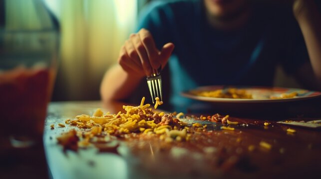 Closeup of person eating pasta for food lifestyle concept casual dining warm interior home meal