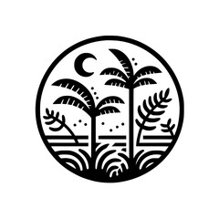 Tropical Circle Illustration: Palm Trees, Moon, Night Scene