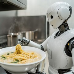 Robot Chef Culinary Android Prepares Ramen in Kitchen, Automation , AI